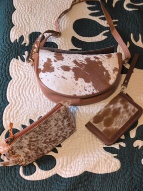 Cowhide Crescent Crossbody Bag in Brown and White 3 Pcs Set Bundle